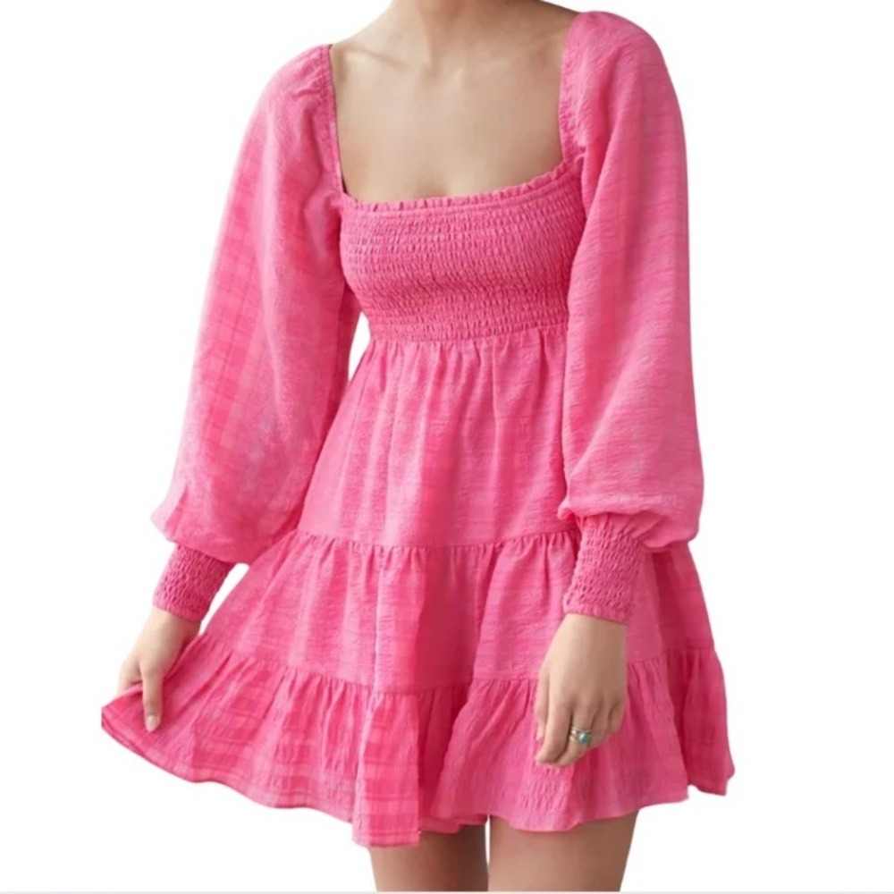 Urban Outfitters‎ Pink Smocked Square Neck Tiered Long Sleeve Mini Dress M